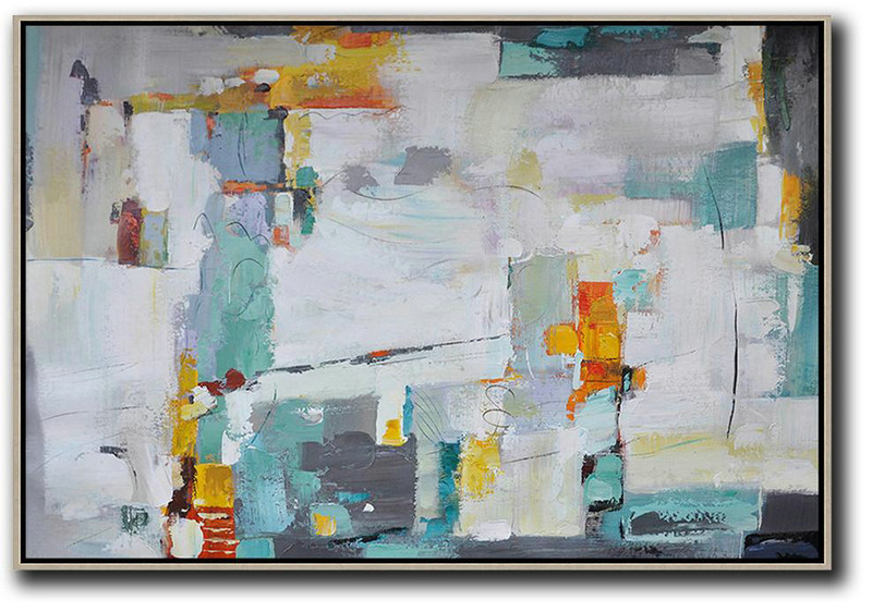 Original Abstract Oil Paintings,Oversized Horizontal Contemporary Art,Large Canvas Art,Modern Art Abstract Painting,White,Grey,Lake Blue,Yellow.etc